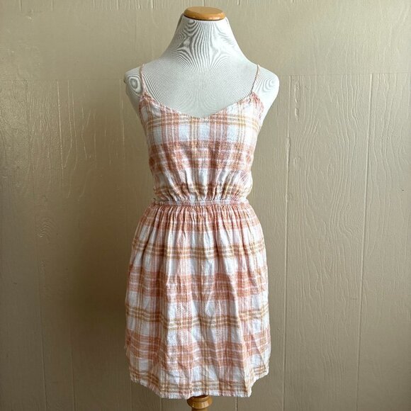 American Eagle Linen Blend Cutout Plaid Boho Mini Sundress NEW - Picture 2 of 15